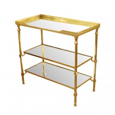 Pair of three tiered brass and mirror side tables with decorative gallery