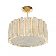 Brass drum form pendant fixture with tubular glass shades